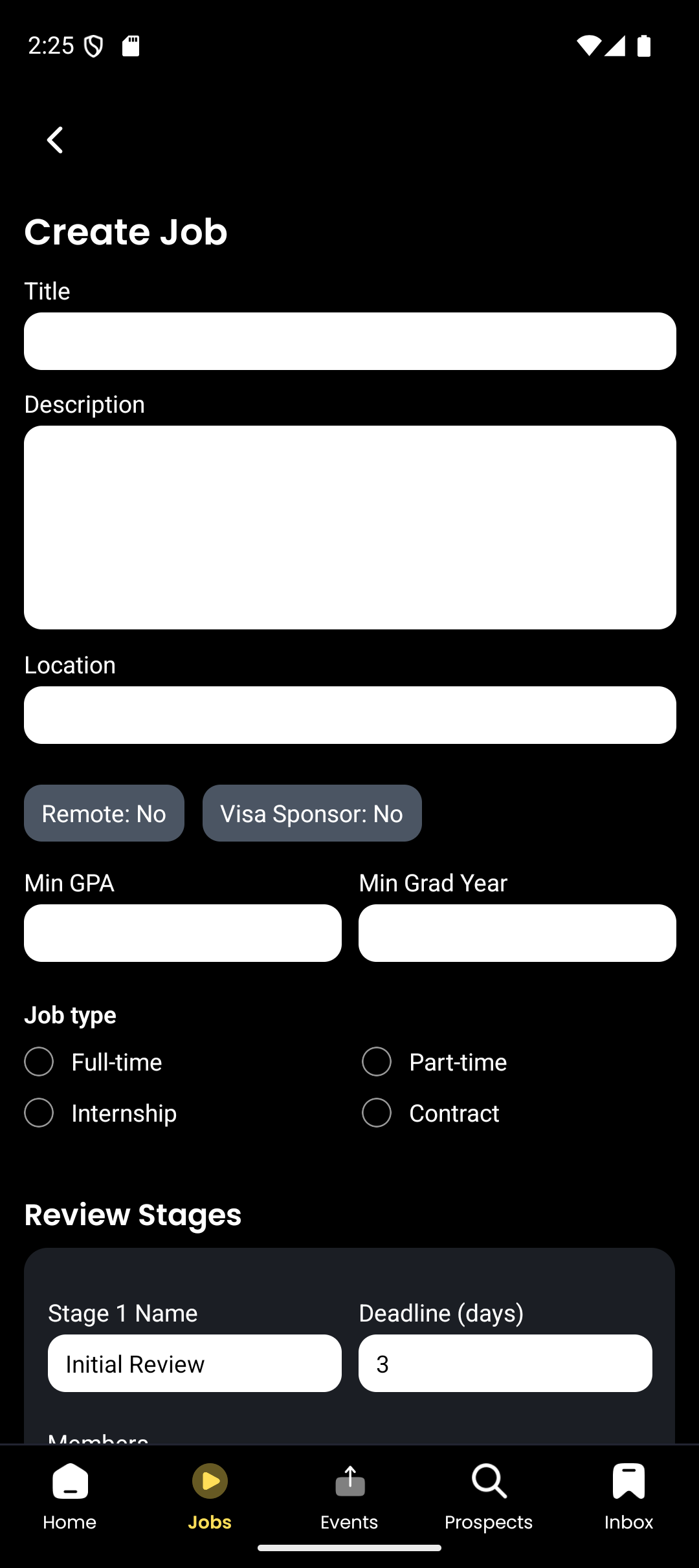 Job creation form with stage configuration and job metadata for employers