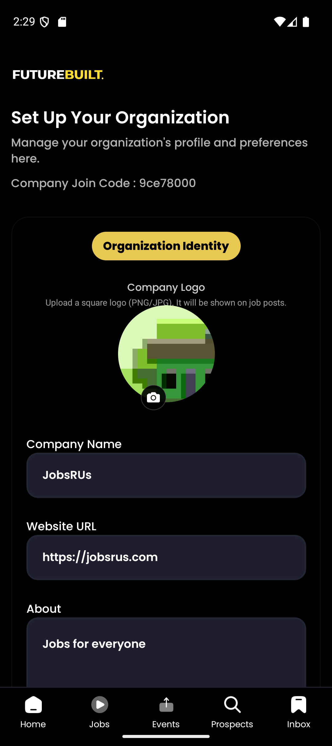 Organization settings screen where employers configure preferences and branding