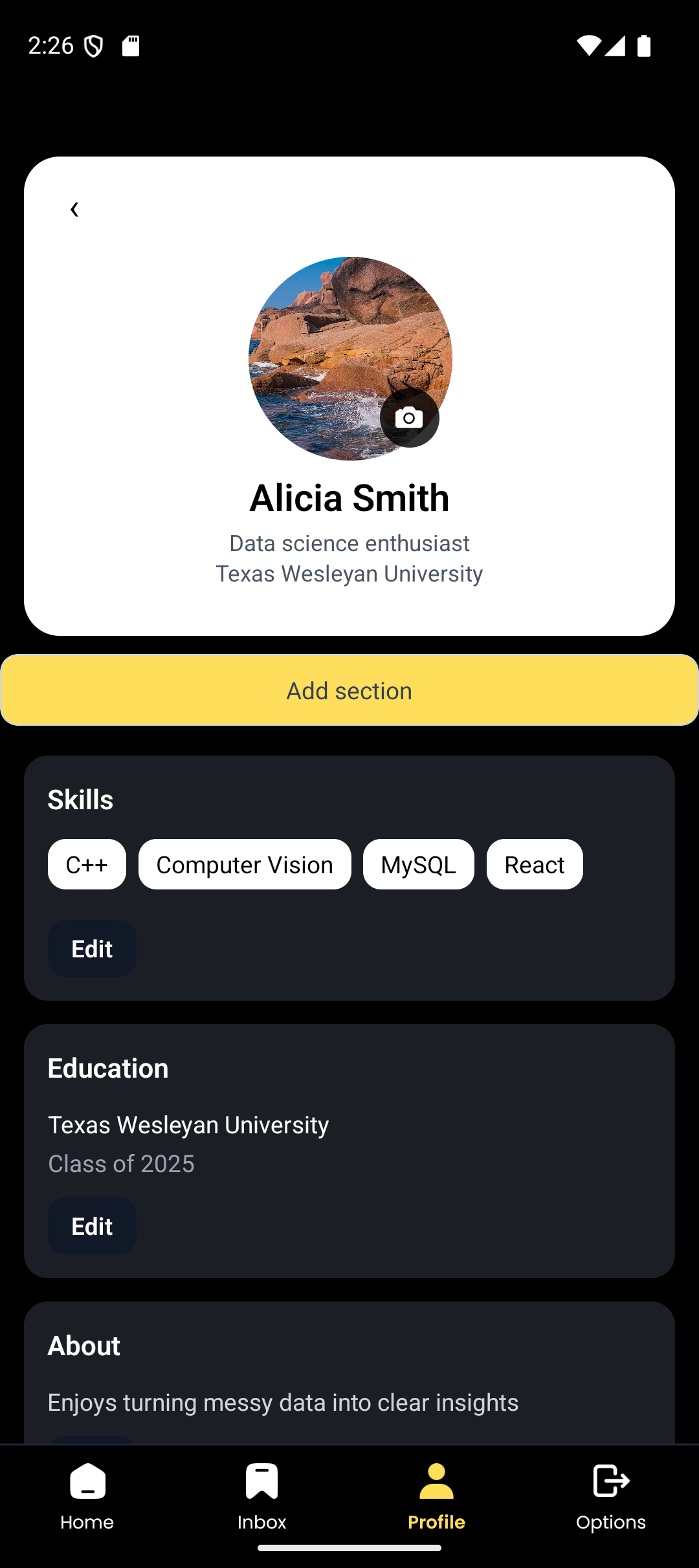 Student profile screen showing education, skills, and experience