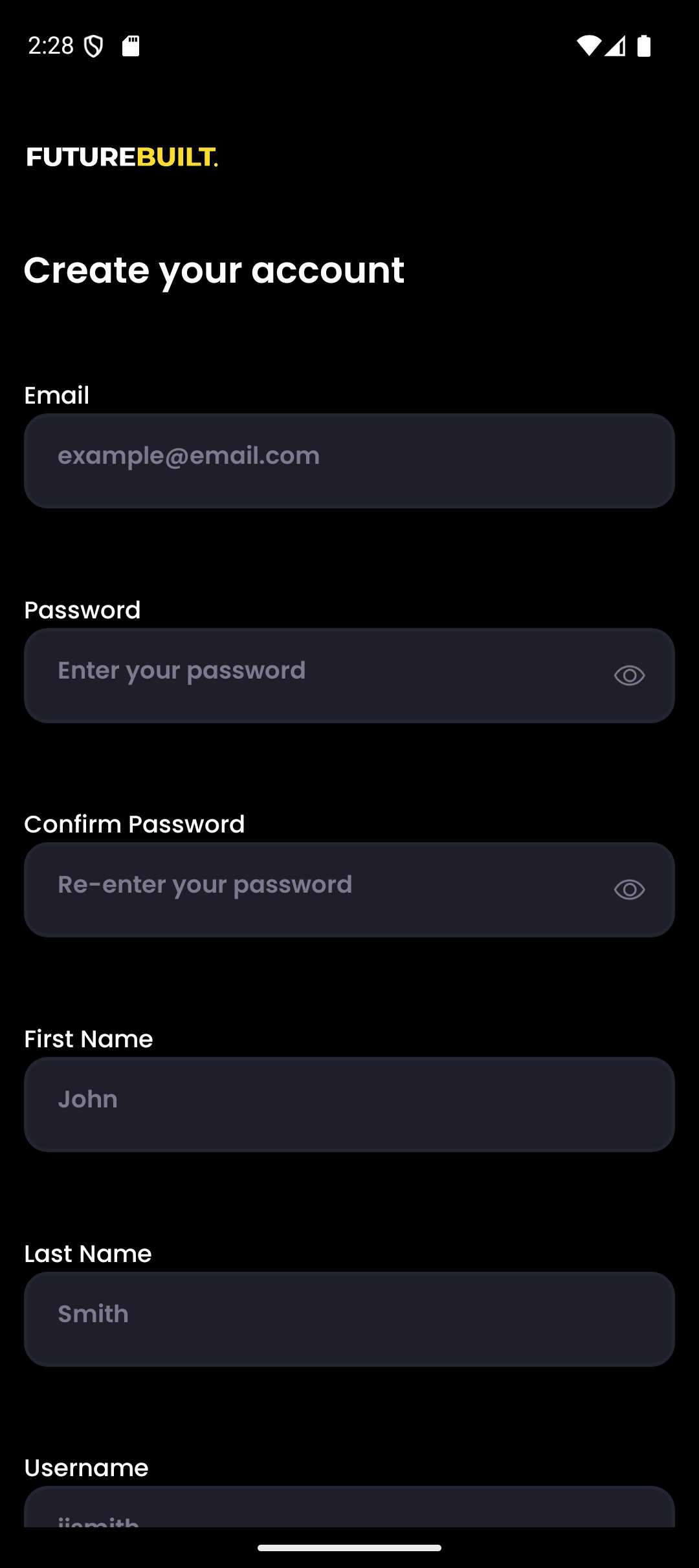 Student sign-up screen for creating a Future Built account